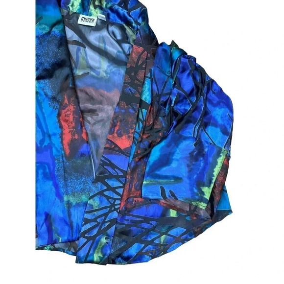 Chico's Design Silk Blend Blue Abstract Print Open Front Cardigan Jacket Size 2 - Picture 2 of 4